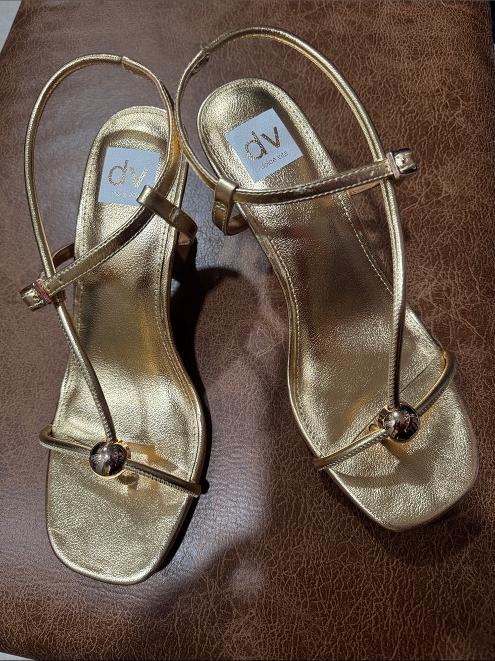 DV by Dolce Vita Metallic Gold T-Strap Heeled Sandals (New, no box)